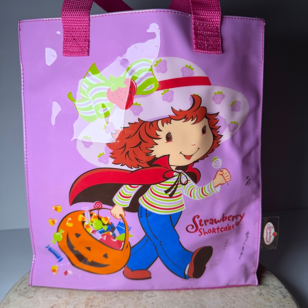 VTG Strawberry Shortcake Mini Tote Bag Pink Halloween Trick or Treat Vinyl Bag